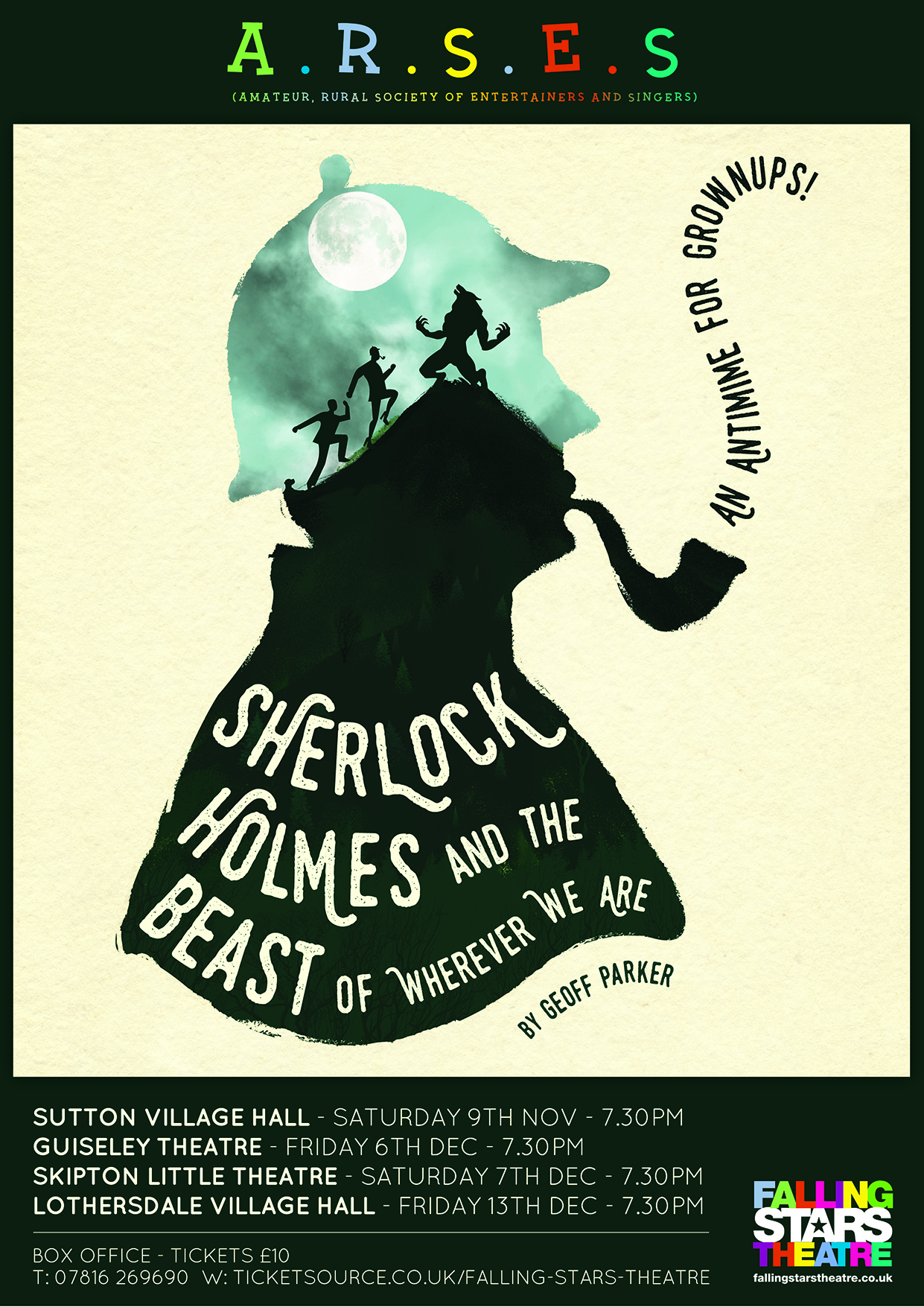 Sherlock Holmes and the beast of Wherever We are Play poster by Falling Stars Theatre. An Antimime for grownups.